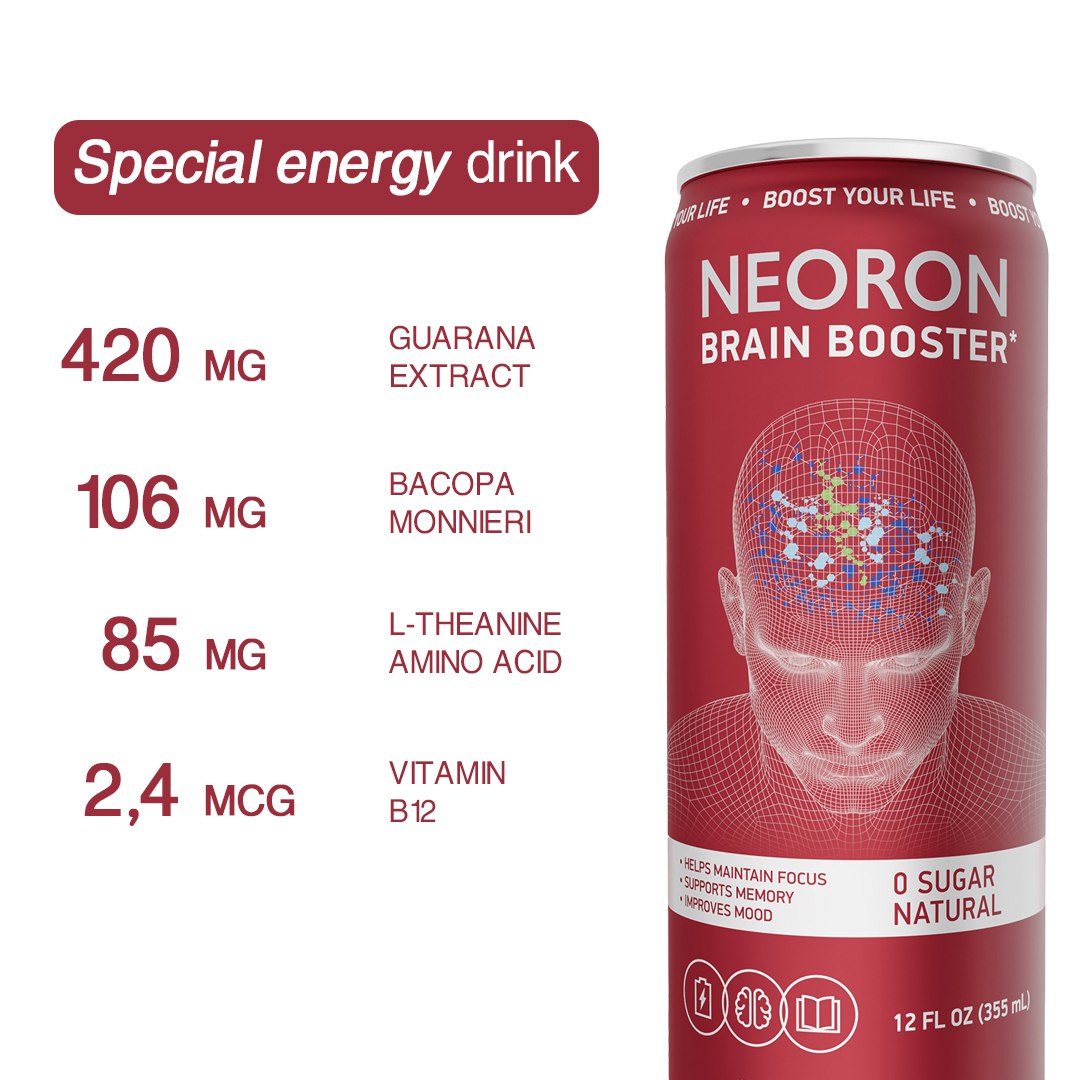 NEORON  Brain Booster* Natural Guarana Special Energy Drink with Adaptogens – for Focus, Memory & Mood – with L-Theanine, Vitamin B12 & Herbal Extract
